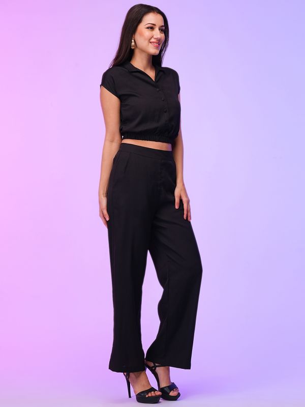 Globus Women Black Summer Crop Top & Wide Leg Trousers Co-Ord Set