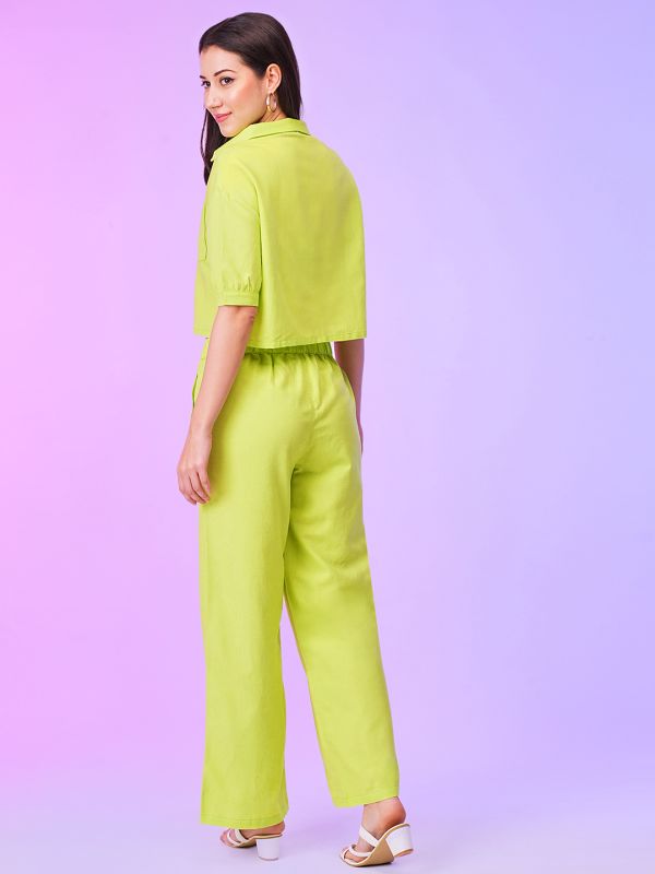 Globus Women Lime Boxy Shirt & Wide Leg Trousers Co-Ord Set