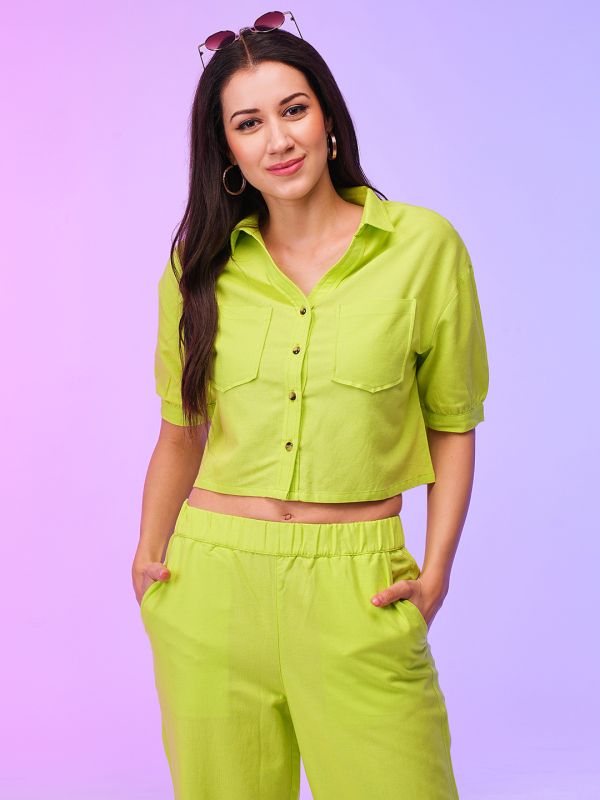 Globus Women Lime Boxy Shirt & Wide Leg Trousers Co-Ord Set