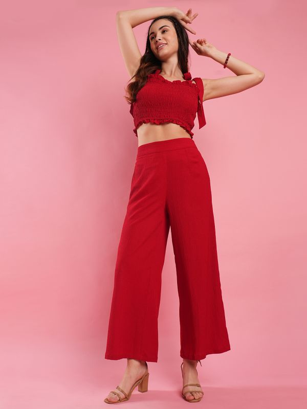 Globus Women Red Tie Up Strappy Shoulder Smocked Crop Top & Flare Hem Partially Elasticated Flat Font Trouser Co-ord Set