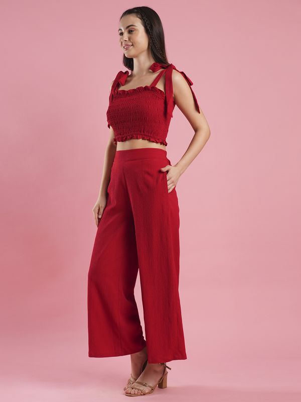 Globus Women Red Tie Up Strappy Shoulder Smocked Crop Top & Flare Hem Partially Elasticated Flat Font Trouser Co-ord Set