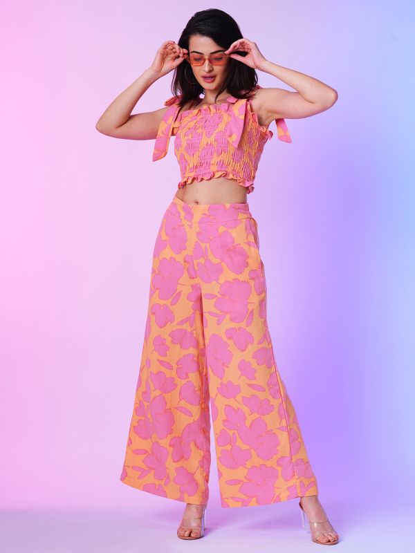 Globus Women Multi Orange Allover Floral Print Square Neck Shoulder Tie-Up Smocked Crop Top & Flared Hem Palazzos Co-Ord Set