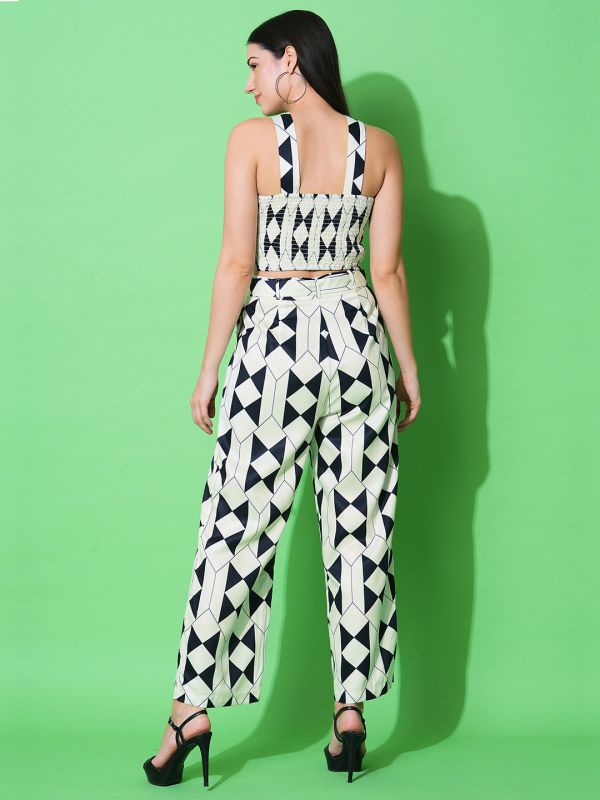 Globus Women Multi White Halter Neck Smocked Geometric Print Top, Trousers & Belt Co-Ord Set