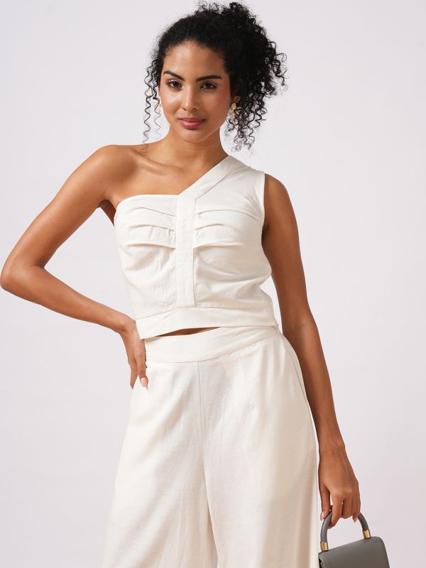 Globus Women White One Shoulder Pleated Crop Top With Wide Leg Trousers Resort Wear Co-Ord Set