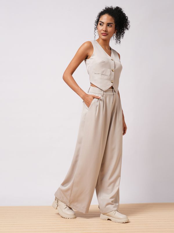 Globus Women Grey V-Neck Front Pocket Detail Vest With Pleated Wide Leg Trousers Workwear Co-Ord Set