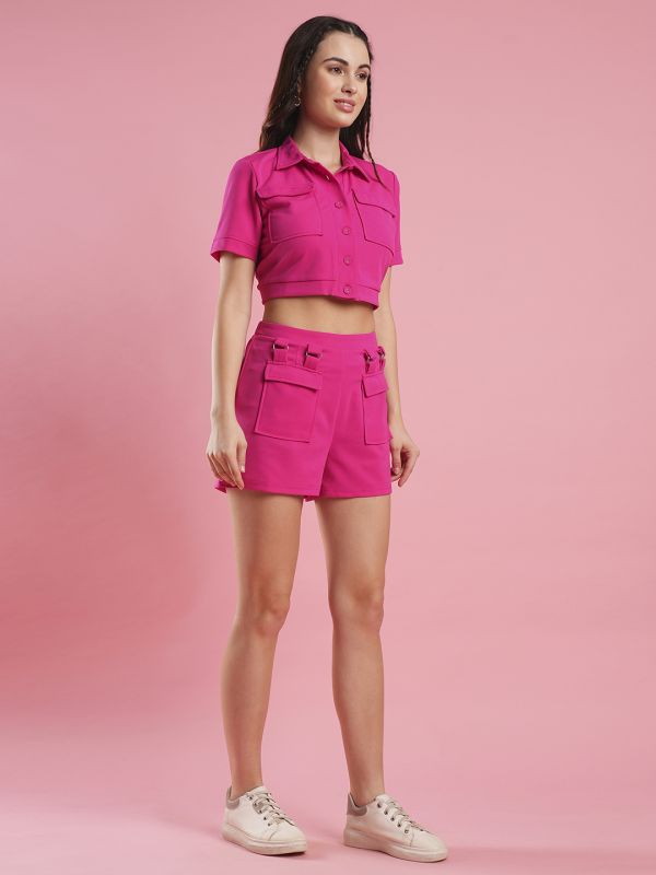 Globus Women Fuchsia Shirt Collar Military Inspired Crop Top & Mid Rise Short Co-Ord Set