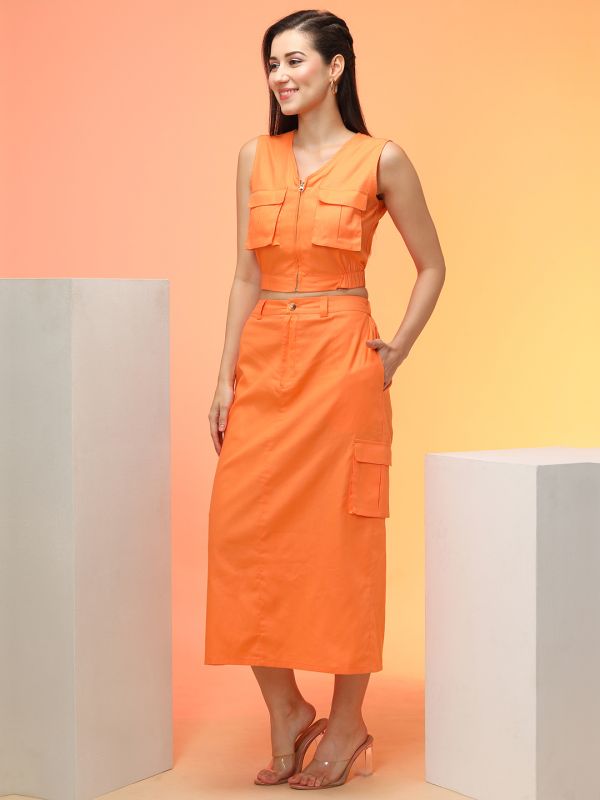 Globus Women Orange Crop Top & Midi Skirt Co-Ord Set