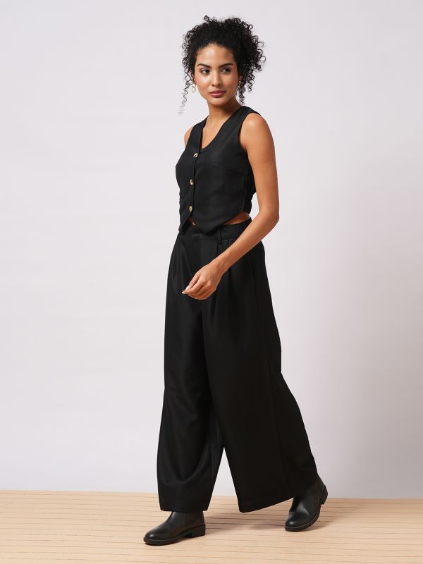 Globus Women Black V-Neck Front Pocket Detail Vest With Pleated Wide Leg Trousers Workwear Co-Ord Set