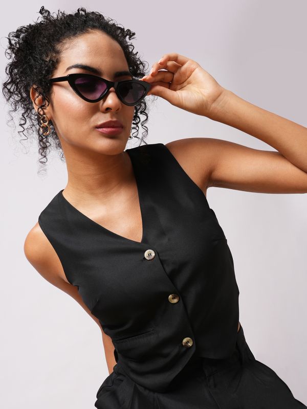 Globus Women Black V-Neck Front Pocket Detail Vest With Pleated Wide Leg Trousers Workwear Co-Ord Set