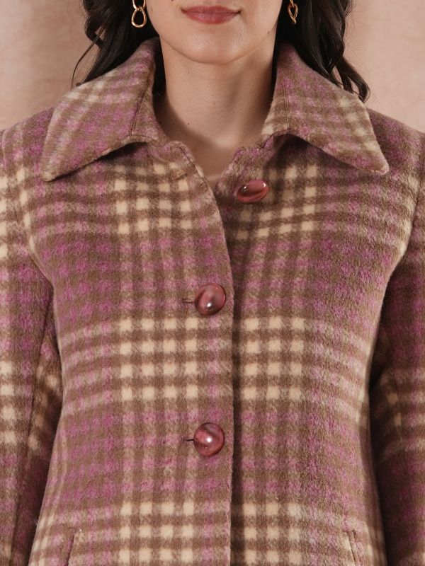 Globus Women Pink Spread Collar Long Sleeves Faux Fur Trim Checked Self Design 2 Pockets Tailored Fit Winter Wear Overcoat