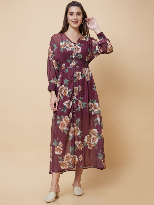 Globus Women Brown Floral Print V-Neck Smocked Casual Fit And Flare Maxi Dress