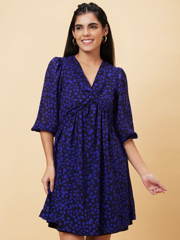 Globus Women Navy Blue Printed Fit and Flare Casual Dress