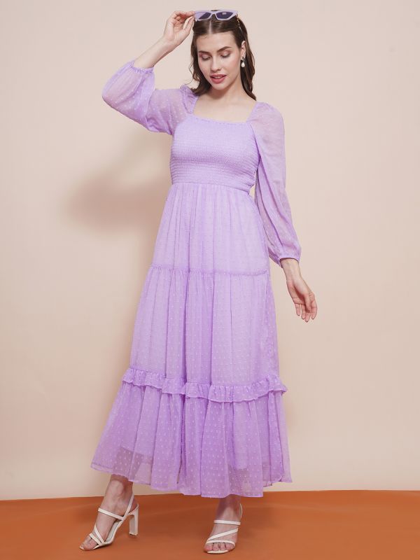 Globus Women Lavender Square Neck Bishop Sleeves Self Design Smocked Tiered Fit & Flare Maxi Dress