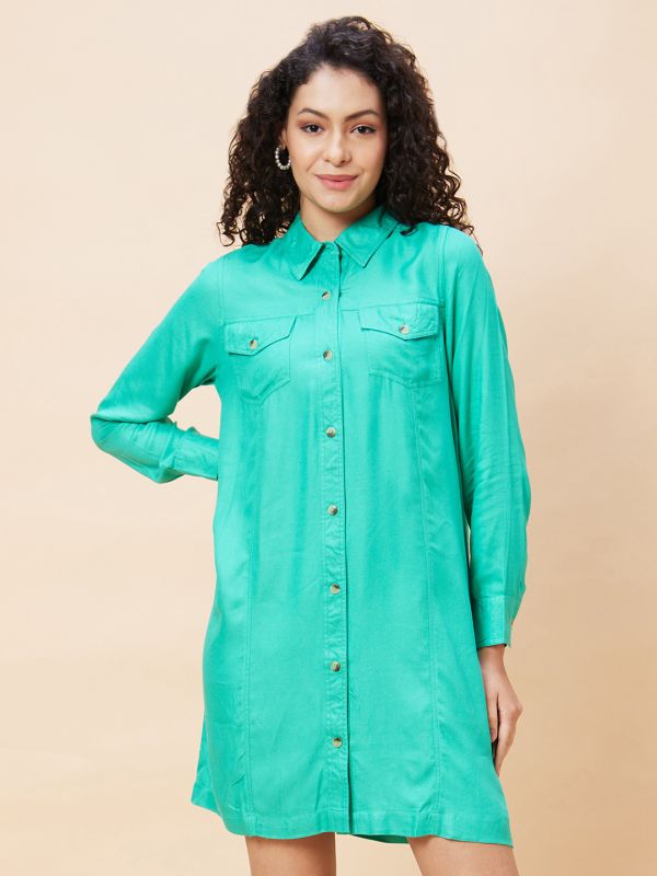 Globus Women Green Solid Casual Shirt Dress