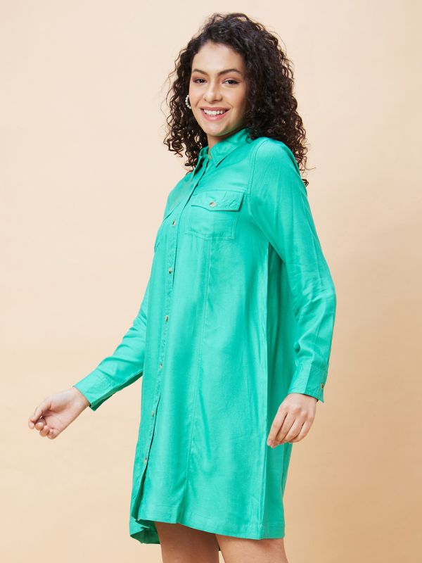 Globus Women Green Solid Casual Shirt Dress