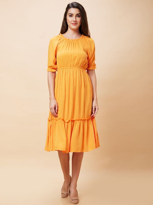 Globus Women Orange Solid Round Neck Casual Fit And Flare Midi Dress