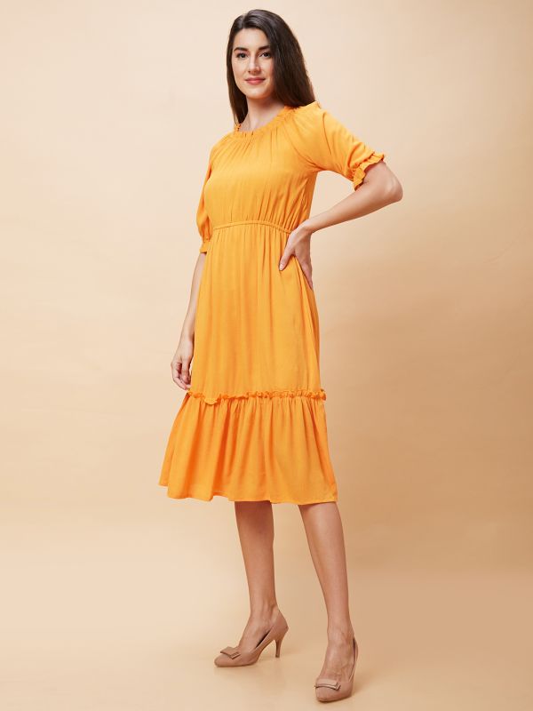 Globus Women Orange Solid Round Neck Casual Fit And Flare Midi Dress