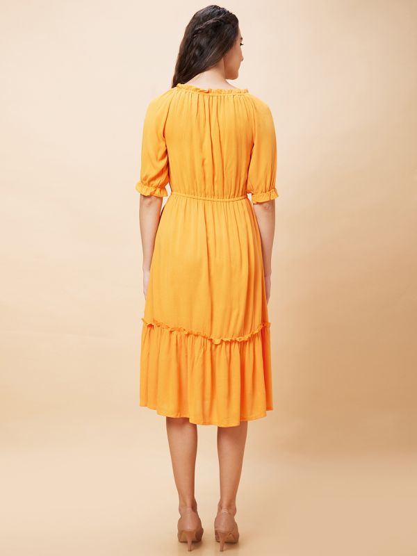 Globus Women Orange Solid Round Neck Casual Fit And Flare Midi Dress