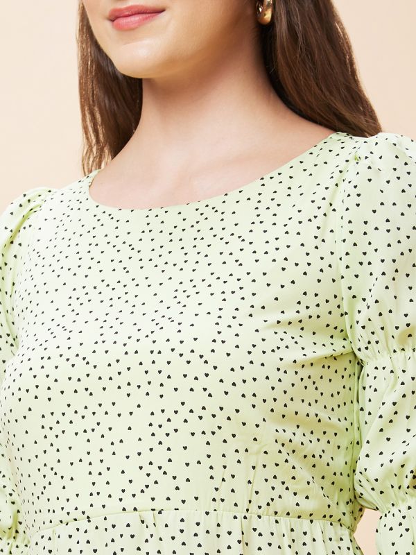 Globus Women Lime Green Polka Dots Print Round Neck Casual Fit And Flare Dress