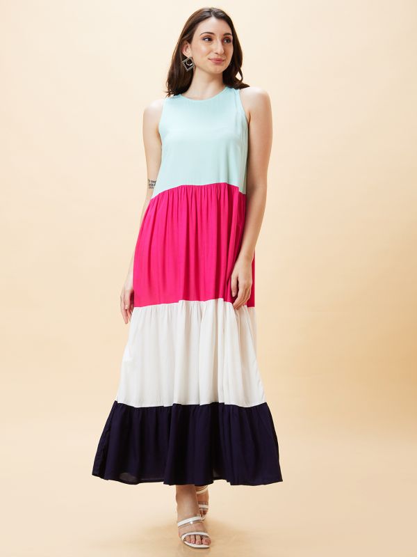 Globus Women Multicolour Colourblocked Round Neck Sleeveless Maxi Dress