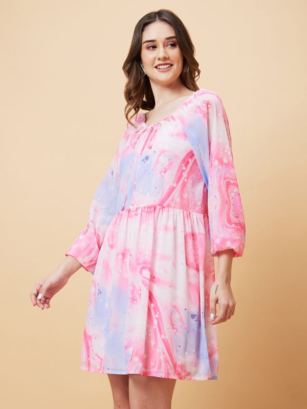 Globus Women Pink Marble Digital Print Satin A-Line Dress