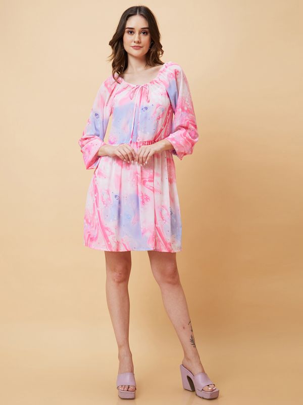 Globus Women Pink Marble Digital Print Satin A-Line Dress