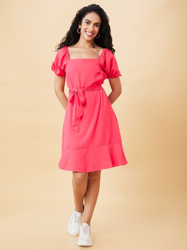 Globus Women Pink Solid Casual Belted A-Line Dress