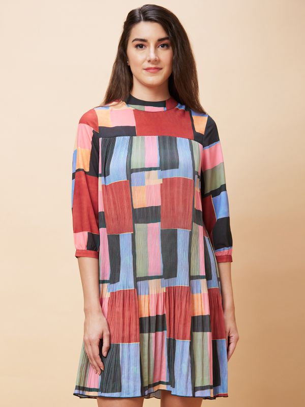 Globus Women Multicolour Colourblocked High Neck Casual A-Line Dress