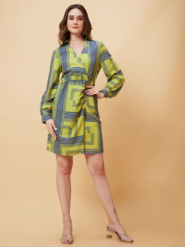 Globus Women Green Optical Print Wrap A-Line Dress