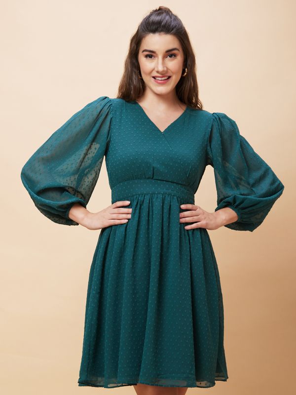 Globus Women Dark Green Self Design Wrap V-Neck Casual Fit And Flare Dress