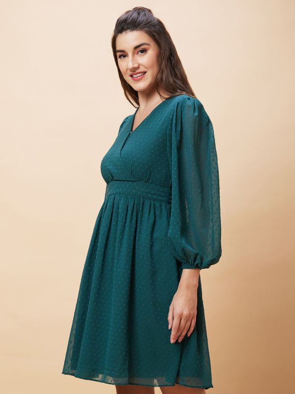 Globus Women Dark Green Self Design Wrap V-Neck Casual Fit And Flare Dress