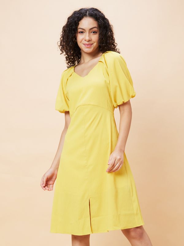 Globus Women Yellow Solid V-Neck Casual A-Line Dress