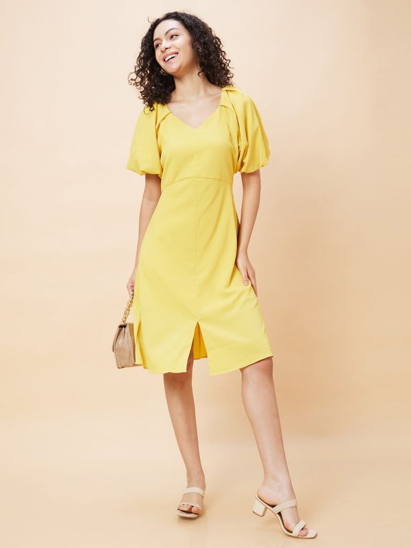 Globus Women Yellow Solid V-Neck Casual A-Line Dress