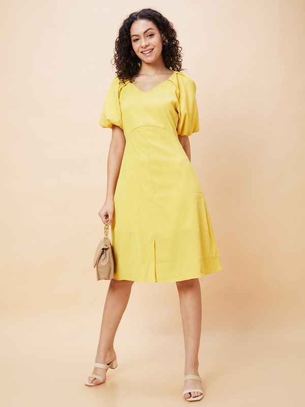 Globus Women Yellow Solid V-Neck Casual A-Line Dress