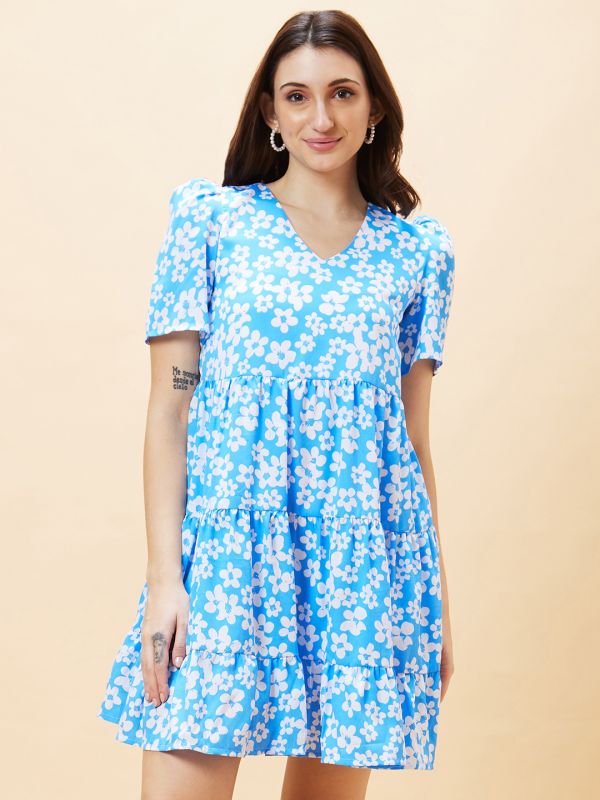 Globus Women Blue Floral Print V-Neck Tiered A-Line Dress