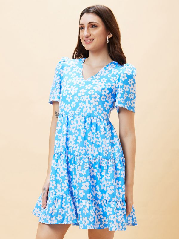 Globus Women Blue Floral Print V-Neck Tiered A-Line Dress