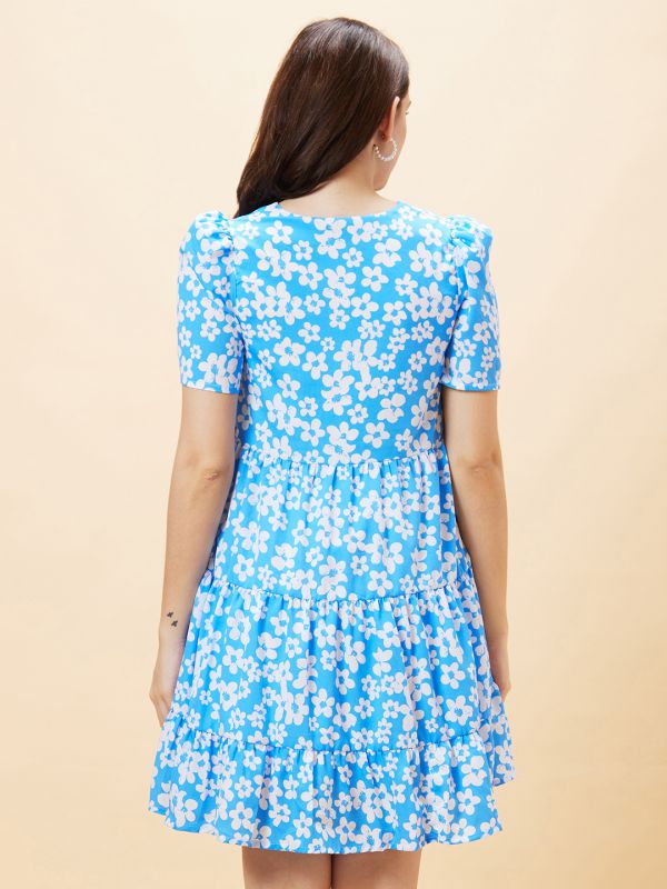 Globus Women Blue Floral Print V-Neck Tiered A-Line Dress