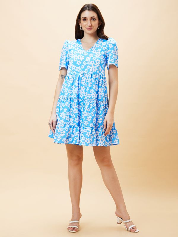 Globus Women Blue Floral Print V-Neck Tiered A-Line Dress