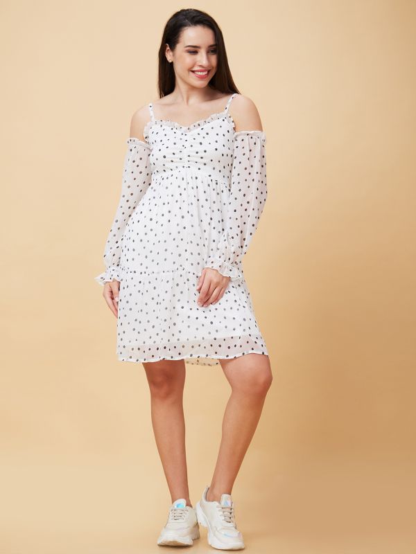 Globus Women White Polka Dots Print Ruffle Dobby Off-Shoulder Casual Fit And Flare Dress