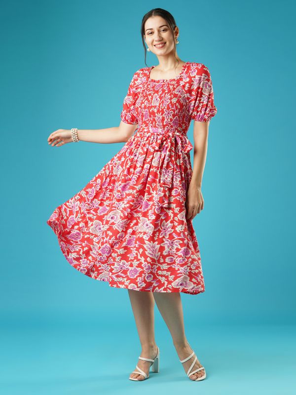 Globus Women Red Floral Print Square Neck Puff Sleeves Smocked Pleated Fit & Flare Belted Midi Dress