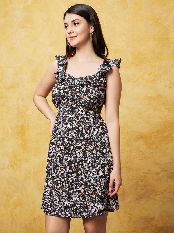 Globus Women Multi Black Printed Sweetheart Neck A-Line Dress