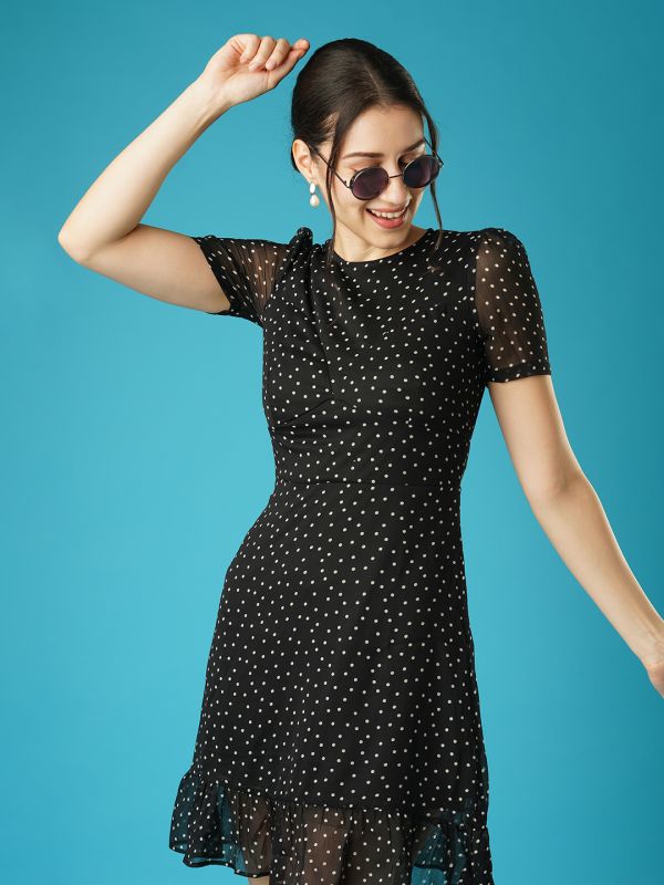 Globus Women Black Polka Dots Round Neck Short Puffed Sleeves Fit & Flare Dress