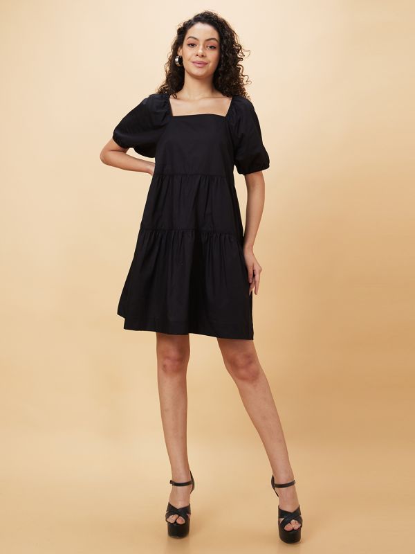 Globus Women Black Solid A-Line Casual Dress