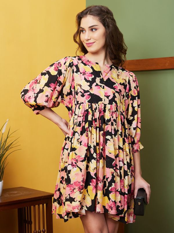 Globus Women Black Printed Casual Round Neck A-Line Dress