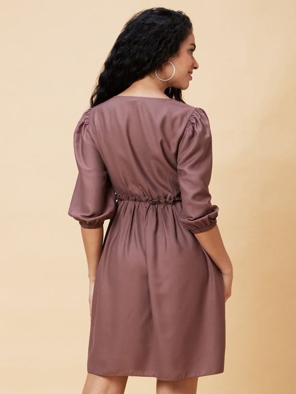 Globus Women Taupe Solid V-Neck Casual A-Line Dress