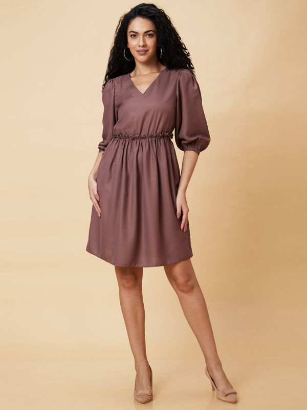 Globus Women Taupe Solid V-Neck Casual A-Line Dress