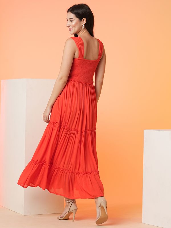 Globus Women Orange Square Neck Strappy Shoulder Smocked Tiered Fit & Flare Maxi Dress