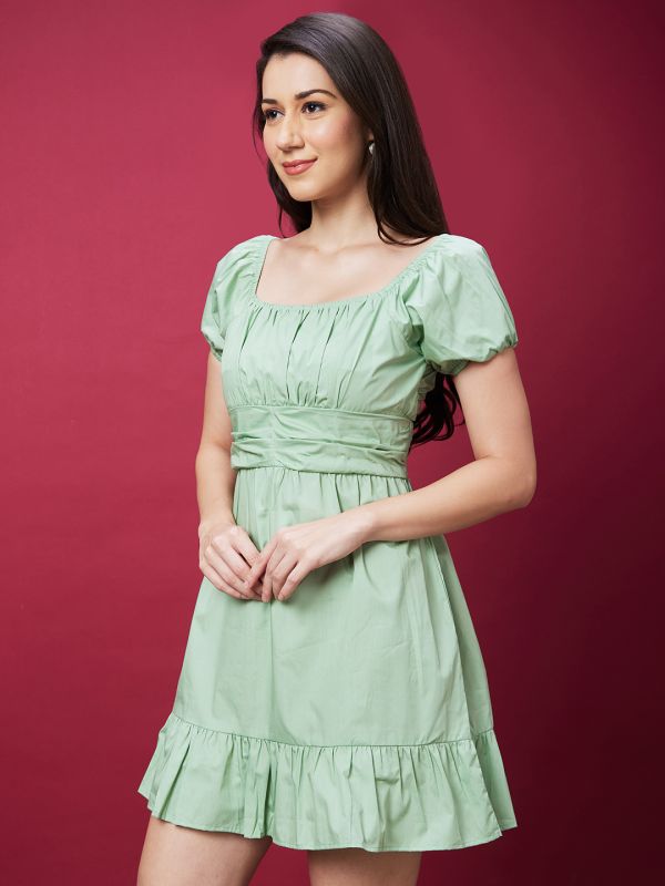 Globus Women Green Solid Puff Sleeves Smocked A-Line Dress