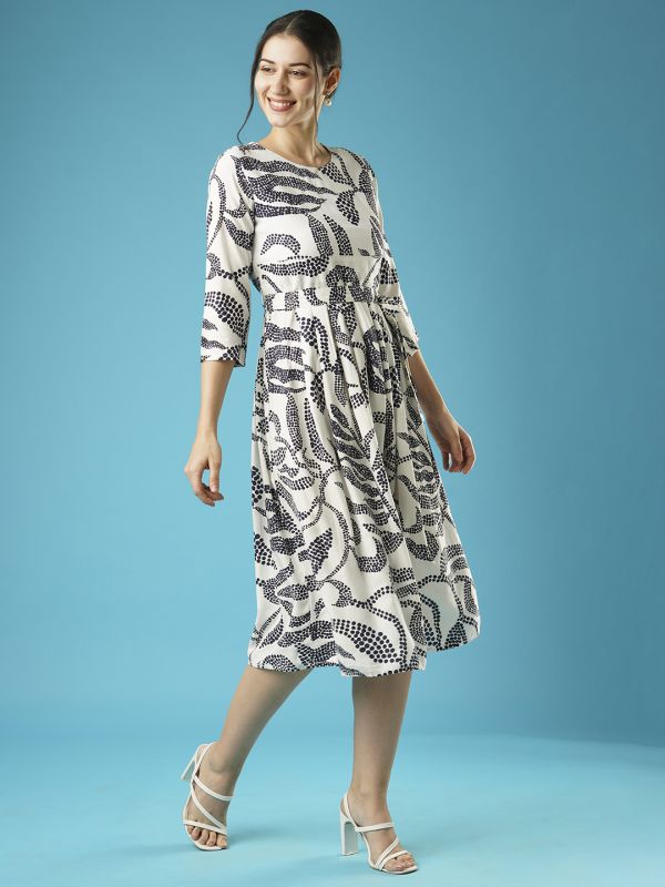 Globus Women White Tropical Printed Round Neck Gathered A-Line Midi Workwear Dress With Belt