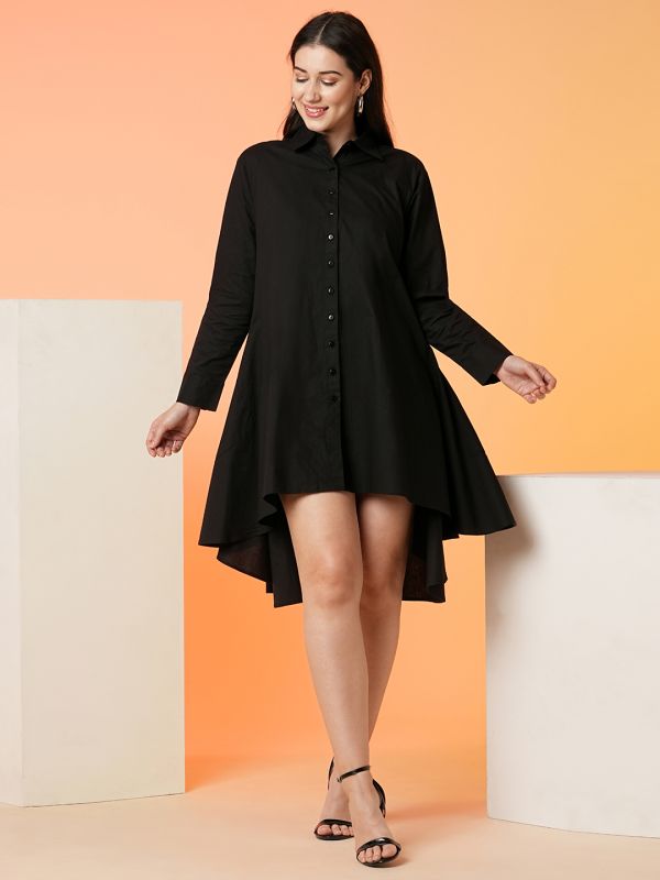 Globus Women Black Shirt Collar Cuffed Sleeves Pleated High-Low Hem Loose Fit A-Line Dress